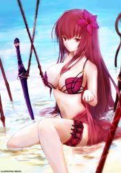 Rule 34 | 1girl, adapted costume, bad id, bad pixiv id, bare shoulders, bikini, breasts, cleavage, collarbone, fate/grand order, fate (series), flower, from side, gae bolg (fate), gae buidhe (fate), gae dearg (fate), hair flower, hair ornament, hibiscus, highres, holster, large breasts, long hair, looking at viewer, looking to the side, navel, nekoya (liu), partially submerged, planted, purple bikini, purple hair, red eyes, sarong, scathach (fate), scathach (fate/grand order), scathach (swimsuit assassin) (fate), solo, stomach, swimsuit, thigh holster, very long hair, weapon