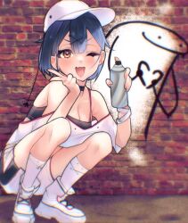 Rule 34 | 1girl, baseball cap, black choker, blue hair, bracelet, breasts, brick wall, brown eyes, choker, cleavage, florks, graffiti, gremlinbon, hat, highres, holding, jewelry, one eye closed, open mouth, original, second-party source, short hair, shorts, socks, spray can, squatting, v, white footwear, white headwear, white shorts, white socks