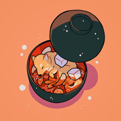 Rule 34 | animal, animal focus, bowl, closed eyes, cube, dog, food, food focus, highres, in bowl, in container, in food, lid, liquid, meyoco, miso soup, no humans, orange background, original, shiba inu, simple background, steam, tofu