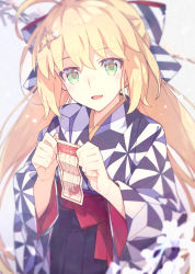 Rule 34 | 1girl, ahoge, artoria caster (fate), artoria caster (springtime koto strings) (fate), artoria pendragon (fate), blonde hair, blue kimono, blush, breasts, fate/grand order, fate (series), green eyes, hair ornament, hakama, hakama skirt, highres, japanese clothes, kimono, long hair, long sleeves, looking at viewer, open mouth, saipaco, sash, skirt, small breasts, smile, solo, twintails, wide sleeves