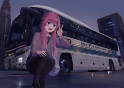 Rule 34 | 1girl, :d, bag, black pantyhose, blue eyes, blue skirt, blunt bangs, building, bus, cityscape, commentary request, evening, highres, holding, holding bag, license plate, long hair, looking at viewer, motor vehicle, open mouth, original, pantyhose, pink hair, plaid, plaid skirt, png pant (bus), purple sky, shadow, skirt, sky, skyscraper, smile, solo, squatting, tile floor, tiles, v