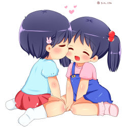 Rule 34 | 2girls, blush, rabbit hair ornament, child, closed eyes, fang, feet, female focus, flat chest, full body, hair bobbles, hair ornament, heart, highres, kiss, multiple girls, no shoes, open mouth, original, red skirt, shinpe, short hair, short sleeves, simple background, sitting, skirt, twintails, twitter username, wariza, white background, yuri