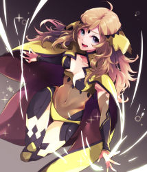 Rule 34 | 1girl, :d, ataka takeru, blonde hair, blue eyes, bodysuit, breasts, cape, cleavage, collarbone, fire emblem, fire emblem fates, full body, long hair, looking at viewer, navel, nintendo, open mouth, ophelia (fire emblem), panties, small breasts, smile, solo, thighhighs, underwear, very long hair, yellow cape, yellow panties