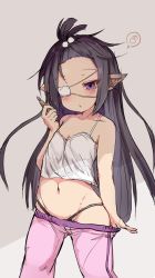 Rule 34 | 1girl, bangs pinned back, bare arms, bare shoulders, black hair, black panties, blush, breasts, brown background, camisole, cleavage, clothes pull, collarbone, commentary request, eyepatch, granblue fantasy, groin, hair bobbles, hair ornament, harvin, holding, long hair, lunalu (granblue fantasy), mars symbol, medical eyepatch, navel, panties, pants, pants pull, parted lips, pink pants, pointy ears, pulling own clothes, purple eyes, rai (sakuranbo sugar), simple background, small breasts, solo, track pants, underwear, very long hair, white camisole
