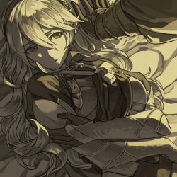 Rule 34 | 1boy, 1girl, black shirt, brother and sister, brown eyes, corrin (female) (fire emblem), corrin (fire emblem), couple, eye contact, fire emblem, fire emblem fates, gloves, grey background, grey kimono, hair between eyes, harusame (rueken), hug, hug from behind, japanese clothes, kimono, limited palette, long hair, long sleeves, looking at another, nintendo, ponytail, shirt, siblings, silver hair, smile, takumi (fire emblem), very long hair, wing collar