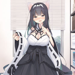 Rule 34 | 1girl, :d, animal ear fluff, animal ears, black hair, black hakama, black ribbon, window blinds, blush, breasts, cleavage, collar, commentary request, day, detached collar, detached sleeves, hairband, hakama, hakama skirt, hand up, head tilt, indoors, japanese clothes, kimono, large breasts, long hair, long sleeves, neck ribbon, nose blush, open mouth, original, pinching sleeves, ribbon, ribbon-trimmed sleeves, ribbon trim, skirt, sleeves past wrists, smile, solo, standing, tokuno yuika, very long hair, white collar, white hairband, white kimono, white sleeves, wide sleeves, window