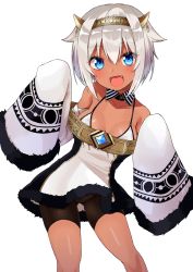 Rule 34 | 1girl, :d, bad id, bad pixiv id, bare shoulders, bike shorts, bikini, bikini top only, blue eyes, breasts, collarbone, commentary, cowboy shot, dark-skinned female, dark skin, detached collar, detached sleeves, dress, fang, fur-trimmed sleeves, fur trim, gomashi (goma), hairband, highres, leaning to the side, looking at viewer, medium breasts, open mouth, original, short hair, silver hair, simple background, sleeves past wrists, smile, solo, standing, swimsuit, white background
