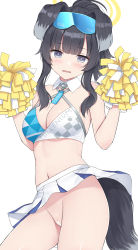 Rule 34 | 1girl, animal ears, bare shoulders, black hair, blue archive, blue eyes, blush, breasts, censored, cheerleader, cleavage, clothes lift, clothes writing, cowboy shot, crop top, detached collar, dog ears, dog girl, dog tail, eyewear on head, groin, halo, hands up, hibiki (blue archive), hibiki (cheer squad) (blue archive), highres, holding, holding pom poms, long hair, looking at viewer, medium breasts, midriff, millennium cheerleader outfit (blue archive), miniskirt, mizunashi kenichi, navel, no panties, open mouth, paid reward available, pleated skirt, pom pom (cheerleading), pom poms, ponytail, pussy, shirt, sidelocks, skirt, skirt lift, sleeveless, solo, tail, white background, white skirt