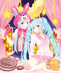 Rule 34 | 2girls, absurdres, animal hood, aqua eyes, aqua hair, artist request, blush, collared shirt, commentary request, dress, dual persona, food, frilled dress, frilled skirt, frilled sleeves, frills, gloves, hatsune miku, heart, highres, hood, hoodie, lol -lots of laugh- (vocaloid), long hair, long sleeves, looking at viewer, multiple girls, open mouth, pancake, pirumjuice, rabbit hood, red gloves, red ribbon, ribbon, shirt, short sleeves, skirt, twintails, very long hair, vocaloid