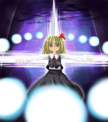 Rule 34 | 1girl, blonde hair, danmaku, embodiment of scarlet devil, female focus, highres, outstretched arms, red eyes, rumia, solo, spread arms, touhou