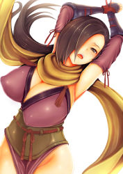 Rule 34 | 1girl, armpits, arms up, bdsm, blush, bound, bound wrists, breasts, brown eyes, brown hair, cleavage, covered erect nipples, female focus, fire emblem, fire emblem fates, groin, hair over one eye, huge breasts, kagero (fire emblem), long hair, looking at viewer, nintendo, open mouth, ponytail, restrained, scarf, solo, teruru, white background