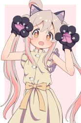 Rule 34 | 1girl, :o, animal ear fluff, animal ears, animal hands, bare arms, blonde hair, brown eyes, cat ears, claw pose, commentary, dress, fangs, gloves, godyuurei, grey background, hair between eyes, hands up, highres, light blush, long hair, looking at viewer, multicolored hair, onii-chan wa oshimai!, open mouth, oyama mahiro, paw gloves, pink background, pink hair, sash, simple background, sleeveless, sleeveless dress, solo, two-tone hair, v-shaped eyebrows, very long hair, yellow dress
