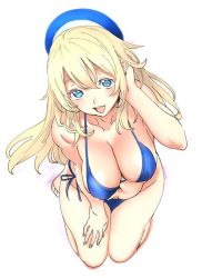 Rule 34 | 10s, 1girl, adjusting hair, atago (kancolle), bikini, blonde hair, blue bikini, blue eyes, breasts, cleavage, full body, hanging breasts, kantai collection, large breasts, looking at viewer, nishieda, open mouth, side-tie bikini bottom, simple background, smile, solo, swimsuit, white background