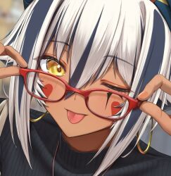 Rule 34 | 1girl, bespectacled, blue hair, casual, dark-skinned female, dark skin, earrings, facial mark, fate/grand order, fate (series), fingernails, glasses, highres, hoop earrings, jewelry, multicolored hair, nitocris alter (fate), one eye closed, particle sfs, ribbed shirt, shirt, streaked hair, tongue, tongue out, white hair, yellow eyes