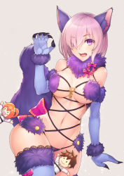 Rule 34 | 1boy, 2girls, animal ears, bad id, bad pixiv id, black nails, blush, chibi, chibi inset, commentary request, elbow gloves, eyes visible through hair, fang, fate/grand order, fate (series), fingernails, fujimaru ritsuka (female), fujimaru ritsuka (male), fur-trimmed gloves, fur-trimmed legwear, fur collar, fur trim, gloves, hair over one eye, halloween, halloween costume, kyoeiki, lace, lace-trimmed legwear, lace trim, long fingernails, mash kyrielight, mash kyrielight (dangerous beast), multiple girls, nail polish, navel, o-ring, o-ring top, official alternate costume, open mouth, purple gloves, purple legwear, revealing clothes, tail, thighhighs, uniform, wolf ears, wolf tail