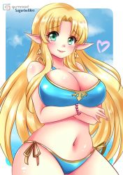 Rule 34 | 1girl, artist name, bikini, blonde hair, blue bikini, blush, border, breast hold, breasts, cleavage, closed mouth, cowboy shot, earrings, elf, forehead, gold trim, green eyes, gumroad username, heart, jewelry, large breasts, long hair, looking at viewer, midriff, mixed-language commentary, nail polish, navel, nintendo, outside border, parted bangs, pink nails, pointy ears, princess, princess zelda, side-tie bikini bottom, simple background, smile, solo, sugarbell, swimsuit, the legend of zelda, the legend of zelda: breath of the wild, thighs, triforce, white border, ||/