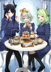 Rule 34 | 3girls, asymmetrical horns, black hair, black thighhighs, blue hair, breasts, cake, cake slice, cecilia immergreen, ceres fauna, colored inner hair, cup, doll joints, eating, flower, food, green eyes, green hair, grey hair, hair flower, hair ornament, highres, holding, holding cup, holding teapot, hololive, hololive english, horns, joints, large breasts, long hair, macaron, mole, mole under eye, multicolored hair, multiple girls, nerissa ravencroft, pleated skirt, red eyes, school uniform, serafuku, sitting, skirt, sora no tori, table, tea, tea party, teacup, teapot, thighhighs, virtual youtuber, winding key, yellow eyes