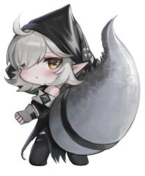 Rule 34 | 1girl, :o, arknights, bare shoulders, black jacket, black thighhighs, brown eyes, chibi, commentary request, crocodilian tail, dokomon, fingerless gloves, from behind, full body, gloves, grey gloves, grey hair, hair over one eye, highres, hood, hood up, jacket, korean commentary, large tail, long sleeves, looking at viewer, looking back, parted lips, pointy ears, puffy long sleeves, puffy sleeves, simple background, solo, standing, tail, thighhighs, tomimi (arknights), white background
