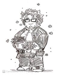 Rule 34 | 1boy, bara, deformed, donguri306, facial hair, fat, fat man, flower, full body, glasses, goatee, graphite (medium), greyscale, hair flower, hair ornament, happy, happy aura, highres, hippolytus (housamo), male focus, monochrome, pectorals, plant, potted plant, scan, short hair, sideburns, sideburns stubble, smile, solo, standing, stubble, thick eyebrows, tokyo houkago summoners, traditional media