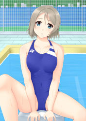 Rule 34 | 10s, 1girl, blue eyes, blue one-piece swimsuit, competition swimsuit, fence, grey hair, highres, looking at viewer, love live!, love live! sunshine!!, md5 mismatch, one-piece swimsuit, parted lips, pool, poolside, resolution mismatch, sano souichi, short hair, sitting, solo, source smaller, starting block, swimsuit, watanabe you, wet, wet clothes, wet swimsuit
