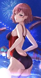 Rule 34 | 1girl, absurdres, ass, black one-piece swimsuit, breasts, brown hair, commentary request, competition swimsuit, fireworks, hair ornament, hairclip, hibika, highres, higuchi madoka, idolmaster, idolmaster shiny colors, medium breasts, mole, mole under eye, night, night sky, one-piece swimsuit, open mouth, pool, pool ladder, purple eyes, short hair, sky, soaking feet, solo, standing, sweater, swept bangs, swimsuit, water
