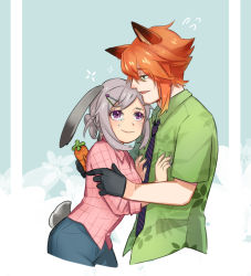 Rule 34 | 1boy, 1girl, animal ears, bad id, bad pixiv id, belt, belt pouch, black gloves, blue shirt, carrot, closed mouth, collared shirt, cropped legs, crying, crying with eyes open, disney, dress shirt, eyelashes, flying sweatdrops, fox ears, gloves, green eyes, green shirt, grey hair, hair ornament, hairclip, half gloves, hand on another&#039;s arm, hands on another&#039;s chest, hetero, hiruchan, holding, hug, judy hopps, long sleeves, looking at another, looking at viewer, necktie, nick wilde, orange hair, personification, plaid, plaid shirt, ponytail, pouch, print shirt, rabbit ears, rabbit tail, shirt, short sleeves, smile, sparkle, swept bangs, tail, tears, zootopia