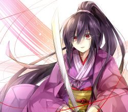 Rule 34 | 1girl, arc system works, artist request, blazblue, blazblue: bloodedge experience, crazy, crazy eyes, crazy smile, japanese clothes, katana, kimono, long hair, ponytail, purple hair, red eyes, saya terumi, simple background, smile, solo, sword, very long hair, weapon, white background, yandere
