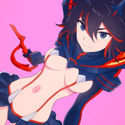 Rule 34 | 1girl, akagi (fmttps), bad id, bad pixiv id, black hair, blue eyes, breasts, commentary request, holding, holding weapon, kill la kill, looking at viewer, matoi ryuuko, medium breasts, navel, pink background, pleated skirt, revealing clothes, revision, school uniform, senketsu, serafuku, simple background, skirt, smile, solo, stomach, suspenders, weapon