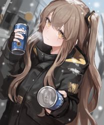 Rule 34 | 1girl, absurdres, black coat, black gloves, blush, breath, brown eyes, brown hair, can, closed eyes, coat, coffee, commentary, drink can, dutch angle, fingerless gloves, girls&#039; frontline, gloves, highres, holding, holding can, hood, hood down, hooded coat, korean text, long hair, long sleeves, looking at viewer, official alternate costume, one side up, outdoors, seorang, sidelocks, smile, snowing, soda can, solo, ump45 (girls&#039; frontline), ump45 (winter journey) (girls&#039; frontline), upper body, winter, yellow eyes