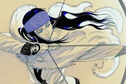 Rule 34 | 1girl, aiming, ainu, ainu clothes, arrow (projectile), asirpa, black hair, blue eyes, bow (weapon), cloak, closed mouth, drawing bow, earrings, floating clothes, floating hair, fur cloak, golden kamuy, headband, highres, holding, holding arrow, holding bow (weapon), holding weapon, hoop earrings, jewelry, long hair, long sleeves, looking to the side, outstretched arm, partially colored, simple background, solo, songyeerhu, upper body, weapon