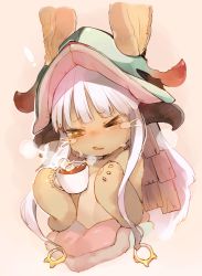 Rule 34 | &gt; o, 1girl, animal ears, blush, ears through headwear, fang, food, furry, furry female, hot chocolate, ishikawa mami, long hair, looking away, made in abyss, marshmallow, nanachi (made in abyss), one eye closed, parted lips, rabbit ears, solo, upper body, white hair, yellow eyes
