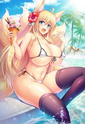 Rule 34 | 1girl, ahoge, animal ear fluff, animal ears, bare arms, bare shoulders, bikini, black thighhighs, blonde hair, blue eyes, blue sky, breasts, cleavage, cloud, collarbone, commentary request, curvy, day, flower, food, fox ears, fox girl, fox tail, front-tie bikini top, front-tie top, hair flower, hair ornament, hibiscus, highres, holding, holding spoon, huge breasts, ice cream, ice cream cone, kitsune, kurowana, long hair, looking at viewer, micro bikini, navel, open mouth, original, outdoors, palm tree, red flower, side-tie bikini bottom, sitting, sky, smile, soaking feet, solo, spoon, stomach, strap gap, string bikini, summer, swimsuit, tail, thighhighs, tree, water, wet, white bikini, wide hips