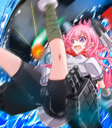 Rule 34 | &gt;:d, 10s, 1girl, :d, abyssal ship, alternate hairstyle, bike shorts, bow, bowtie, cannon, dress, firing, glowing, glowing eye, headgear, i-class destroyer, kantai collection, long hair, machinery, nenohi (kancolle), open mouth, pink hair, purple eyes, sailor dress, smile, splashing, tsukineko, turret, v-shaped eyebrows