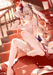 Rule 34 | 1girl, :t, absurdres, american flag, american flag print, animal ear fluff, animal ears, arm up, azur lane, bare shoulders, black bow, blue bow, blue eyes, blurry, blurry background, blush, bow, brown hair, cat ears, closed mouth, clouble, commentary request, crossed bandaids, curtains, depth of field, dress, dress tug, dutch angle, feet, flag print, flower, gloves, hair between eyes, hair bow, hair flower, hair ornament, hammann (azur lane), hand on own head, high heels, highres, indoors, long hair, looking at viewer, no shoes, off-shoulder dress, off shoulder, petals, pout, red flower, red rose, rose, see-through, shoes, unworn shoes, single shoe, sitting, sitting on stairs, soles, solo, stairs, striped, striped bow, thighhighs, toes, veil, very long hair, white dress, white footwear, white gloves, white thighhighs, window