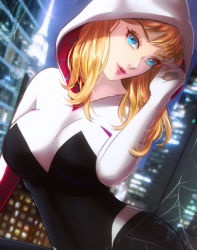Rule 34 | 1girl, animification, blonde hair, blue eyes, bodysuit, breasts, esther shen, eyelashes, gloves, gwen stacy, hood, hooded bodysuit, looking at viewer, marvel, medium hair, open mouth, outdoors, skin tight, smile, solo, spider-gwen, spider-man (series), spider web print, superhero costume