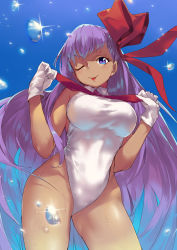 Rule 34 | 10s, 1girl, bb (fate), bb (fate) (all), bb (swimsuit mooncancer) (fate), bb (swimsuit mooncancer) (third ascension) (fate), blush, breasts, fate/extra, fate/extra ccc, fate/grand order, fate (series), gloves, hair ribbon, highleg, highleg leotard, hip focus, large breasts, leotard, long hair, looking at viewer, ohland, one eye closed, purple eyes, purple hair, red ribbon, ribbon, smile, solo, tan, thighs, tongue, tongue out, very long hair, water drop, white gloves, white leotard