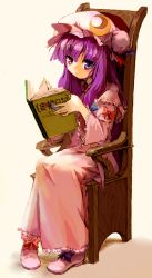Rule 34 | 1girl, book, brooch, chair, crescent, crescent moon, dress, female focus, full body, hat, highres, jewelry, long hair, moon, multicolored eyes, open book, patchouli knowledge, pink dress, pompa, purple hair, sakamoto (pompa), shoes, sitting, solo, touhou