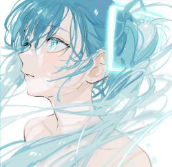 Rule 34 | 1girl, aqua eyes, aqua theme, arms at sides, backlighting, bare shoulders, blue hair, close-up, collarbone, colored eyelashes, eyelashes, glowing, hair between eyes, hair ornament, hair strand, hatsune miku, long hair, looking afar, makoto (roketto-massyumaro), messy hair, multicolored eyes, parted lips, profile, simple background, solo, straight hair, swept bangs, twintails, upper body, very long hair, vocaloid, white background, yellow eyes