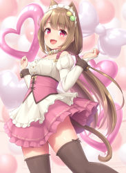 Rule 34 | 1girl, :d, animal ear fluff, animal ears, balloon, black thighhighs, breasts, bridal gauntlets, brown hair, cat ears, cat girl, cat tail, center frills, commentary, detached sleeves, extra ears, fang, food-themed hair ornament, frills, hair ornament, heart, heart balloon, highres, long hair, looking at viewer, low twintails, macaron hair ornament, maid headdress, medium breasts, open mouth, original, pink eyes, sasaame, skin fang, smile, solo, tail, thighhighs, torte (sasaame), twintails, very long hair, wrist cuffs