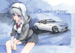 Rule 34 | 1girl, black hairband, black hoodie, black skirt, blue eyes, bow, breasts, car, collared shirt, convertible, eunos roadster, grey hair, hair behind ear, hairband, hi fumiyo, highres, hood, hood down, hoodie, leaning forward, looking to the side, mazda, mazda mx-5, mazda mx-5 nd, medium breasts, medium hair, motor vehicle, original, personification, pleated skirt, radio antenna, red bow, shadow, shirt, sitting, skirt, solo, sports car, traditional media, vehicle and personification, vehicle name, white shirt