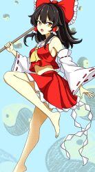 Rule 34 | 1girl, absurdres, ascot, barefoot, black hair, breasts, brown eyes, detached sleeves, feet, gohei, hair ribbon, hakurei reimu, highres, holding, holding gohei, japanese clothes, leg lift, leg up, legs, long hair, looking at viewer, medium breasts, midriff, miko, navel, open mouth, red skirt, ribbon, ribbon-trimmed sleeves, ribbon trim, sideboob, skirt, skirt set, solo, stitched, thighs, third-party edit, touhou, weapon, yellow ascot, yin yang