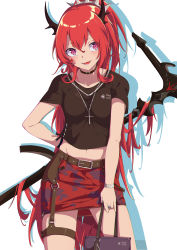 Rule 34 | 1girl, absurdres, arknights, belt, black belt, black choker, black shirt, blush, breasts, choker, collarbone, copyright name, cross, cross necklace, demon horns, eyes visible through hair, hair ornament, highres, holding, holding weapon, horns, jewelry, long hair, midriff peek, navel, necklace, official alternate costume, one side up, open mouth, pencil skirt, red eyes, red hair, red skirt, risami121, shirt, sidelocks, skirt, solo, surtr (arknights), surtr (liberte echec) (arknights), very long hair, weapon, white background