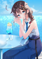 Rule 34 | 1girl, ahoge, blue eyes, blue necktie, blue skirt, blush, braid, brown hair, closed mouth, collared shirt, drink, drinking straw, hair flaps, highres, kantai collection, long hair, looking at viewer, naoto (tulip), necktie, shigure (kancolle), shigure kai ni (kancolle), shirt, single braid, skirt, sleeveless, sleeveless shirt, smile, solo, white shirt