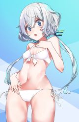Rule 34 | 10s, 1girl, bikini, blue eyes, blush, breasts, commentary request, cowboy shot, from below, front-tie bikini top, front-tie top, gluteal fold, hand on own chest, highres, konno junko, konnyaku (kk-monmon), long hair, low twintails, open mouth, side-tie bikini bottom, silver hair, small breasts, solo, sweatdrop, swimsuit, twintails, white bikini, zombie land saga
