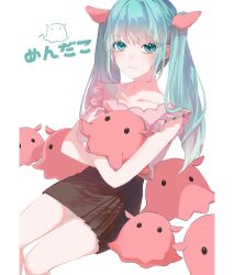 Rule 34 | 1girl, animal ears, aqua eyes, aqua hair, bare arms, bare legs, black shirt, closed mouth, collarbone, fake animal ears, feet out of frame, frilled shirt, frills, hatsune miku, highres, holding, holding stuffed toy, hugging object, invisible chair, letterboxed, long hair, looking at viewer, pink shirt, pleated skirt, shirt, shirt tucked in, sidelocks, simple background, sitting, skirt, smile, solo, srnmomo, stuffed toy, thighs, twintails, vocaloid, white background
