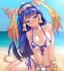 Rule 34 | 1girl, barefoot, bikini, blue eyes, blue hair, blush, breasts, cleavage, colored eyelashes, day, front-tie top, full-face blush, headdress, isis (p&amp;d), jewelry, kibamigohann, kibandagohan, long hair, lots of jewelry, matching hair/eyes, outdoors, puzzle &amp; dragons, shiny skin, side-tie bikini bottom, solo, swimsuit, tears