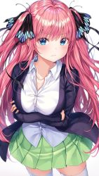 Rule 34 | 1girl, blue eyes, blush, breast hold, breasts, butterfly hair ornament, cardigan, closed mouth, collarbone, collared shirt, cowboy shot, crossed arms, dress shirt, frown, go-toubun no hanayome, green skirt, hair ornament, hair ribbon, highres, large breasts, long hair, looking at viewer, miniskirt, nakano nino, open cardigan, open clothes, pink hair, pleated skirt, r o ha, ribbon, school uniform, shirt, sidelocks, simple background, skirt, solo, standing, thighhighs, two side up, very long hair, white background, white thighhighs, zettai ryouiki