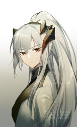 Rule 34 | 1girl, arknights, black shirt, dragon horns, from side, gogatsu fukuin, gradient background, grey hair, highres, horns, jacket, lofter username, long sleeves, looking at viewer, open clothes, open jacket, orange eyes, ponytail, saria (arknights), shirt, sidelocks, simple background, solo, twitter username, upper body, v-shaped eyebrows, weibo watermark, white background, white jacket