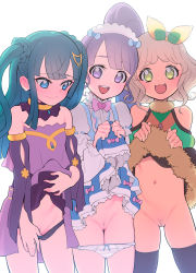 Rule 34 | 3girls, :3, :d, aqua hair, aqua pubic hair, bare shoulders, blue bow, blue dress, blue eyes, blunt bangs, blush, bow, bow panties, bowtie, braid, brooch, brown dress, cleft of venus, closed mouth, clothes lift, clothing cutout, collar, colored pubic hair, cowboy shot, dark-skinned female, dark skin, detached collar, detached sleeves, dress, dress bow, dress lift, embarrassed, eyebrows, fang, female pubic hair, frilled dress, frills, full-face blush, fur-trimmed dress, fur trim, green bow, green dress, hair bow, hair ornament, hairclip, happy, heart, heart bow, heart brooch, high ponytail, highres, idol, jewelry, lifting own clothes, light brown hair, long hair, long sleeves, looking at viewer, looking away, maid headdress, manaka non, multicolored bow, multicolored clothes, multicolored dress, multiple girls, navel, no panties, open mouth, panties, panty pull, pink bow, pretty series, pripara, pubic hair, pulling own clothes, purple collar, purple dress, purple eyes, purple hair, purple pubic hair, purple sleeves, pussy, round teeth, short hair, shoulder cutout, side ponytail, sidelocks, smile, stomach, taiyo pepper, teeth, thighhighs, triangle hair ornament, tsukikawa chili, two side up, ukokkei, underwear, upper teeth only, white dress, white panties, white sleeves, yellow bow, yellow eyes