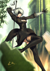 Rule 34 | 1girl, arm behind head, artist name, bad id, bad pixiv id, black dress, black thighhighs, blindfold, blurry, breasts, center opening, cleavage, day, depth of field, dress, expressionless, holding, holding sword, holding weapon, katana, knee up, large breasts, mole, mole under mouth, nier, nier (series), nier:automata, outdoors, outstretched arm, short hair, signature, silver hair, solo, sword, thighhighs, weapon, xiaosan ye, 2b (nier:automata)